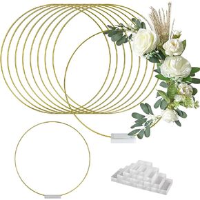 TEKXYZ 12 Inch Gold Metal Floral Hoops with Transparent Acrylic Bases for Table Centerpiece Decoration - Pack of 10