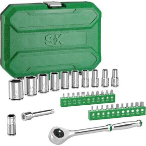 SK 1/4" Drive Socket Set with 216-P Quick-Release Ratchet, Socket Bit Set, 35-Piece, SAE, SuperKrome Finish, with Storage Toolbox