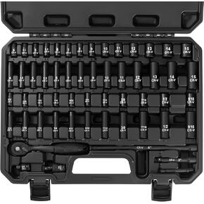 50-Piece 3/8" Drive Socket Set, SAE (5/16"-3/4") & Metric (8mm-22mm), Deep & Shallow, 72-Tooth Ratchet Wrench, Extension Bars, 1/2" F to 3/8" M Reducer, Universal Joint & Power Drill Adapter
