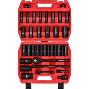 CASOMAN 1/2" Drive Master Impact Socket Set, 36 Piece Deep, Standard SAE (3/8" To 1-1/4") & Metric (10-32 mm) Sizes, Includes Extension Bar (3, 5, 10-inch), Adapters & Ratchet Handle, CR-V Steel