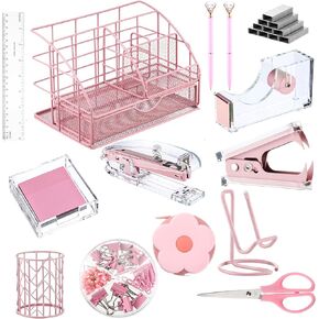 14 Desk Accessories Kit Include Stapler, Staple Remover, Pen Holder, Note Box, Metal Mesh Organizer, Phone Holder, Staples, Scissors, Binder Clips, Tape Measure, 2 Pens, Ruler (Gold)
