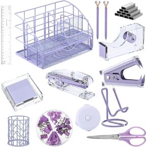 14 Desk Accessories Kit Include Stapler, Staple Remover, Pen Holder, Note Box, Metal Mesh Organizer, Phone Holder, Staples, Scissors, Binder Clips, Tape Measure, 2 Pens, Ruler (Gold)