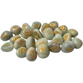 ANANYA FASHION & CRAFTS HUB Aquamarine Gemstone Engraved Rune Stones Set (25 Pcs) for Beginners with Elder Futhark Alphabets for Healing Chakra Crystals Reiki feng Shui Runes Set