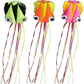 Set of 3 Large 157.5" High Cartoon Big Round Eyes Octopus Kites with Colorful Ribbon and Kite Board with 98.4 Foot String for Kids Toy Enjoy Parent-Child Time Beach Park Outdoor