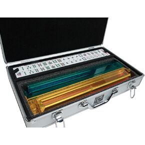 American Mah Jongg Set by White Swan - 166 White/Green Engraved Tiles - 4 x All-in-One Rack/Pushers - Aluminum Case - Silver