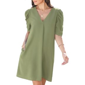 YIJIU Womens Summer Shirt Dresses V Neck Puff Short Sleeve T Shirt Dress Casual Flowy Mini Sundress with Pockets