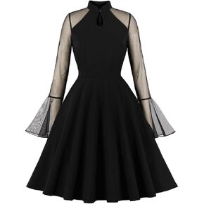 Women 1950s Vintage Keyhole Mesh A Line Midi Pleated Swing Cocktail Party Dress