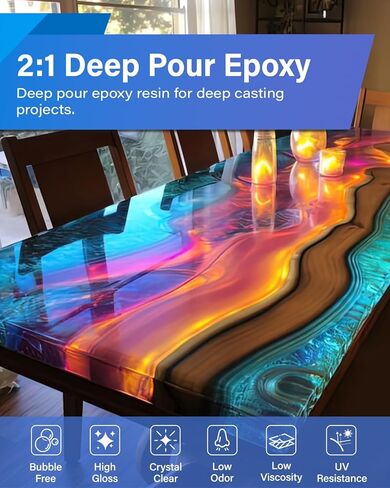 1.5 Gallon Deep Pour Epoxy Resin Kit, 2"-4" Deep Pour Epoxy with Crystal Clear Bubble Free Self Leveling 2:1 Clear Epoxy Resin for DIY River Tables Wood Filler Flower Preservation Food Grade in Kuwait