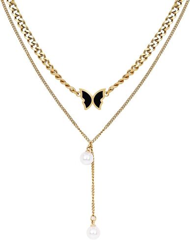 Multi Layer Pearl Butterfly Necklace Pearl Y Drop Necklace Dainty Gold Butterfly Double Necklace Jewelry for Women Girls Gifts in Saudi Arabia
