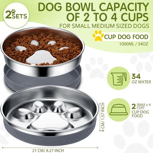 2 Pack Slow Feeder Dog Bowl Stainless Steel Non Slip Metal Slow Feeding Bowl 2 Cups Metal Food Bowls Dog Water Bowl for Dogs, Bloat Stop Pet Bowl for Fast Eaters, Slows Down Pets Eating in Saudi Arabia
