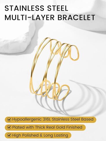 KeyStyle Cuff Bracelet for Women, Multi-layer Cross Wire Bangle 14K Gold Plated Chunky Wide Bracelet for Party Prom Minimalist Jewelry with Gift Box(Stainless Steel) in Kuwait
