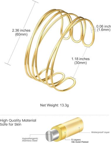 KeyStyle Cuff Bracelet for Women, Multi-layer Cross Wire Bangle 14K Gold Plated Chunky Wide Bracelet for Party Prom Minimalist Jewelry with Gift Box(Stainless Steel) in Kuwait