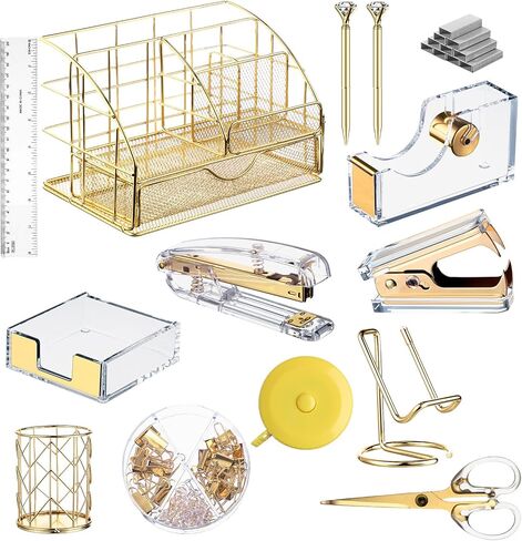 14 Desk Accessories Kit Include Stapler, Staple Remover, Pen Holder, Note Box, Metal Mesh Organizer, Phone Holder, Staples, Scissors, Binder Clips, Tape Measure, 2 Pens, Ruler (Gold) in Saudi Arabia