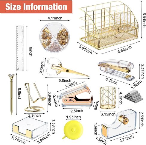 14 Desk Accessories Kit Include Stapler, Staple Remover, Pen Holder, Note Box, Metal Mesh Organizer, Phone Holder, Staples, Scissors, Binder Clips, Tape Measure, 2 Pens, Ruler (Gold) in Saudi Arabia