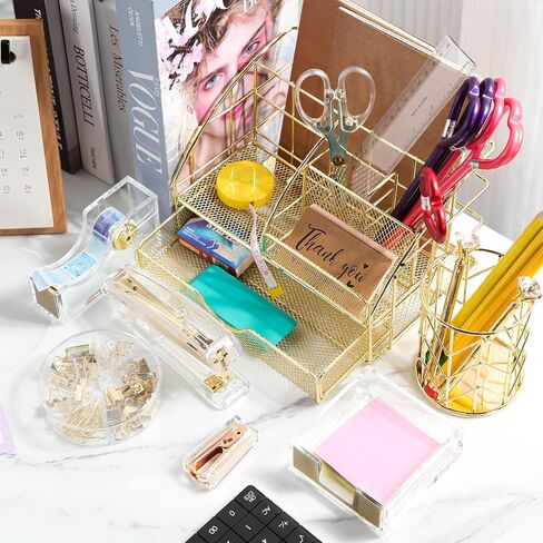 14 Desk Accessories Kit Include Stapler, Staple Remover, Pen Holder, Note Box, Metal Mesh Organizer, Phone Holder, Staples, Scissors, Binder Clips, Tape Measure, 2 Pens, Ruler (Gold) in Saudi Arabia