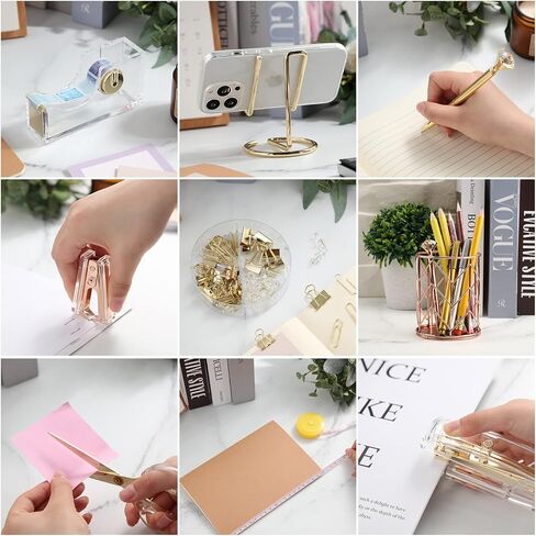14 Desk Accessories Kit Include Stapler, Staple Remover, Pen Holder, Note Box, Metal Mesh Organizer, Phone Holder, Staples, Scissors, Binder Clips, Tape Measure, 2 Pens, Ruler (Gold) in Saudi Arabia