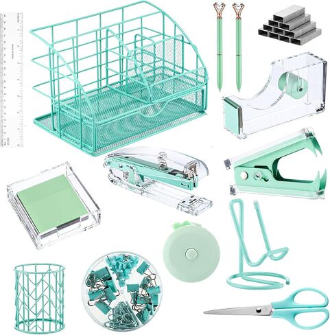14 Desk Accessories Kit Include Stapler, Staple Remover, Pen Holder, Note Box, Metal Mesh Organizer, Phone Holder, Staples, Scissors, Binder Clips, Tape Measure, 2 Pens, Ruler (Gold) in Saudi Arabia