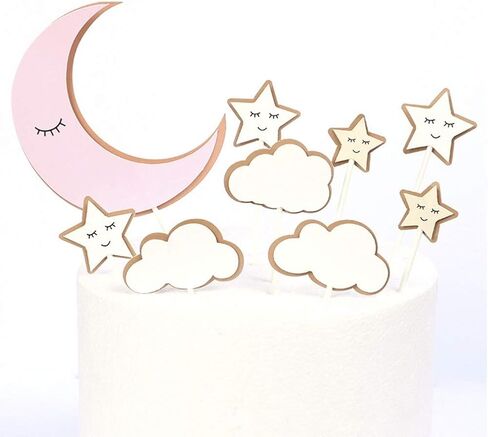 CheeseandU 36Pcs Moon Star Cupcake Toppers Good Night Moon Star with Cute Eyelash Cloud Cake Picks for Kids Birthday Party Baby Shower Gender Reveal Wedding Eid Mubarak Party Decorations,Pink in Saudi Arabia