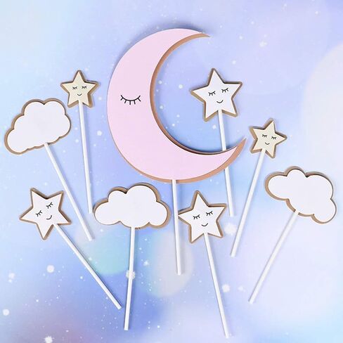 CheeseandU 36Pcs Moon Star Cupcake Toppers Good Night Moon Star with Cute Eyelash Cloud Cake Picks for Kids Birthday Party Baby Shower Gender Reveal Wedding Eid Mubarak Party Decorations,Pink in Saudi Arabia