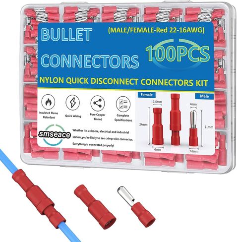 smseace 100pcs Bullet Wire connectors 22-16AWG Insulated Male and Female Bullet Connector kit Electrical Bullet Crimp Terminals Connectors in Saudi Arabia