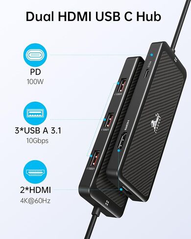 محول محور HDMI مزدوج الشاشة USB C، محطة إرساء مزدوجة 4K HDMI، نقل 10 جيجا 3USB A 3.1، شحن 100 واط PD لجهاز Dell XPS 13/15، Lenovo Yoga، إلخ in Saudi Arabia