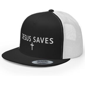 NX Jesus Saves Cross Embroidered Flat Bill Trucker Hat High Crown Adjustable Christian Cap in Kuwait