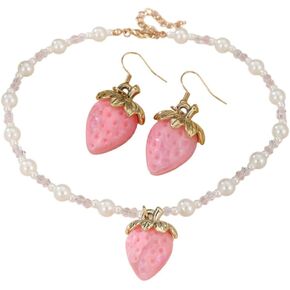 KZL Cute Strawberry Jewelry Set Funny 3D Imitation Fruits Strawberry Necklace Earrings for Women Imitation Pearl Beaded Choker Necklace Y2k Jewelry Gift in Saudi Arabia