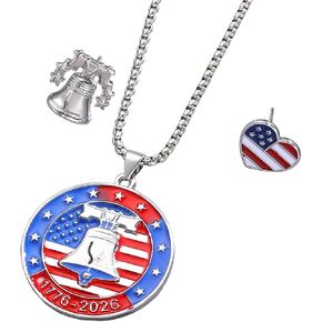 US Independence Day Jewelry Set for Women - 1776-2026 Liberty Bell Pendant Necklace & American Flag Heart Earrings Red White Blue Patriotic 4th of July Jewelry Enamel USA Pride Accessory in Saudi Arabia