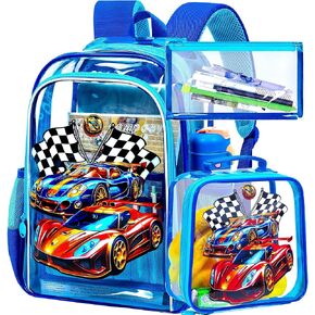 16" Clear Backpack for Boys, 3Pcs Kids Transparent Bookbag with Race Cars Lunch Box, Heavy Duty See Through PVC School Bag (Black) in Saudi Arabia