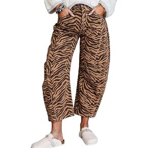 Urchics Women Barrel Jeans Wide Leg High Waisted Zebra Stripe Trendy Western Jeans Cropped Denim Pants with Pockets in Saudi Arabia