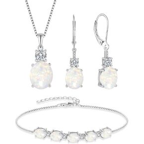 Opal Jewelry Set for Women 925 Sterling Silver Oval Cut Necklace Earrings Bracelet October Birthstone Jewelry for Her in Saudi Arabia