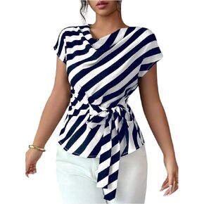 OYOANGLE Women's Striped Tie Front Blouse Elegant Drape Cowl Neck Dolman Sleeve Shirt in Saudi Arabia