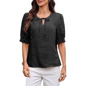 Women's 100% Linen Tops Summer Short Sleeve Tie Front V Neck 2026 Trendy Ruched Blouses Shirt in Saudi Arabia