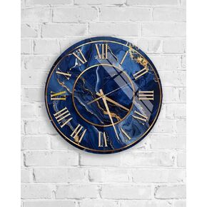 Tempered Glass Marble Wall Clock - Blue Gold Veins, Navy Swirls Modern Decor Silent Mechanism Unique Home Gift Luxury Handcrafted Timepiece in Saudi Arabia