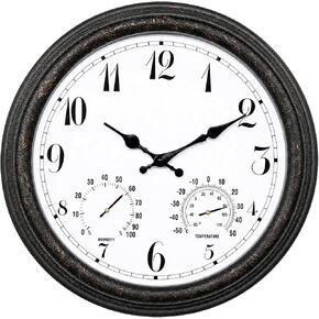 Outdoor Waterproof Wall Clock with Thermometer and Hygrometer Combo, 15 in Retro Battery Operated Garden Clocks for Indoor and Outside Patio Deck Pool -Not Silent (Black) in Saudi Arabia