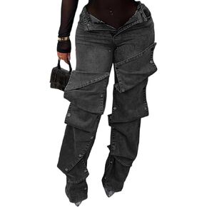 Famnbro Womens Baggy Cargo Jeans Y2K High Waisted Straight Wide Leg Detachable Denim Jeans in Saudi Arabia