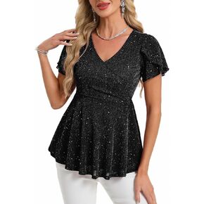 Women's Sparkly Dressy Blouses Glitter Peplum Wrap Night Out Party Tops in Kuwait