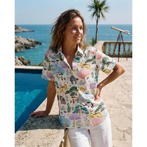 YIUME Women's Hawaiian Shirt Japanese Cat Garden By Catherine Rowe Cotton Button-up Short Sleeve in Saudi Arabia