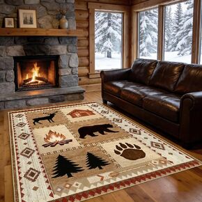 Area Rug 5x7 Rustic Cabin Bear Deer Rug Lodge Country Farmhouse Wildlife Rugs for Living Room Southwesten Machine Washable Non-Slip Printed Low-Pile Indoor Carpet for Bedroom Dining Room Office in Saudi Arabia