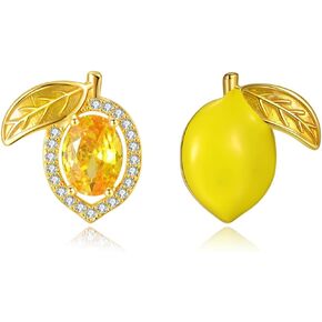 Asymmetrical Lemon Stud Earrings for Women, Enamel & Cubic Zirconia Hypoallergenic Sterling Silver Post, Yellow Fruit Summer Jewelry Gift in Saudi Arabia