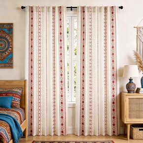 SpaceDresser Boho Curtains 63 Inch Length, Light Filtering Vintage Farmhouse Linen Curtains for Living Room 2 Panels, Rod Pocket Boho Geometric Rustic Drapes with Back Tabs, 52 x 63 inc, Brown in Saudi Arabia