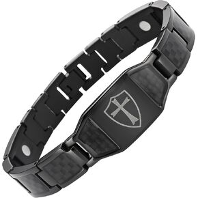 Willis Judd Men's Black Titanium Magnetic Bracelet Knights Templar Cross Shield Black Carbon Fiber Adjustable in Kuwait