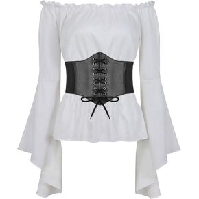 Halloween Women Renaissance Blouse Tops with Corset Waist Belt Medieval Victorian Off Shoulder Top Pirate Costume in Saudi Arabia