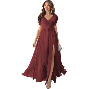 Women's V Neck Chiffon Bridesmaid Dresses with Flutter Sleeves High Slit Pleated Formal Dress with Pockets DK002 in Saudi Arabia
