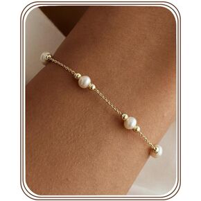 Gold Pearl Bracelets for Women Trendy Stainless Steel Non Tarnish Bracelet 18k Gold Plated Dainty Pearl Beaded Bracelets Wedding Bridesmaid Gold Jewelry Gifts Her in Saudi Arabia