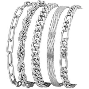 Silver-Tone Stackable Chain Bracelet Set for Women - 5-Piece Multi-Style Link Jewelry, Adjustable Layering Accent Accessory in Saudi Arabia