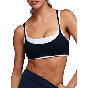 Layered Contrast Sports Bra for Women - Double Strap High Support Yoga Bra Scoop Neck Double Layer Back Top in Saudi Arabia