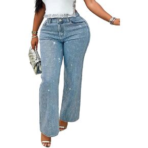 Kwunbwa Women's Rhinestone Jeans High Waisted Wide Straight Leg Baggy Y2k Sparkly Bling Glitter Denim Pants Trousers in Saudi Arabia