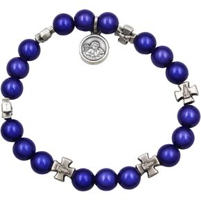 Our Lady of Fatima Blue Beads Bracelet - Made in Portugal, Stretch Design, Divine Fatima Medallion - Spiritual Jewelry, Normal in Saudi Arabia