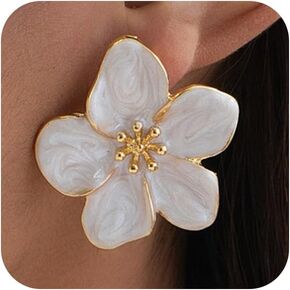 Delicate Retro White Flower Gold Stud Earrings for Women, Trendy Statement Green Floral Drop Earring Party Prom Valentine Dress Accessories Jewelry Gift in Saudi Arabia